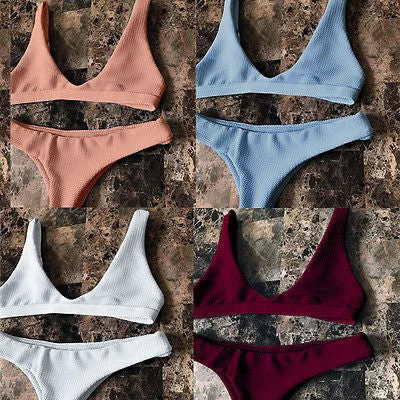 Women Bikini Set Swimwear Padded solid Bathing Beachwear Elegant Ruffled Bikini