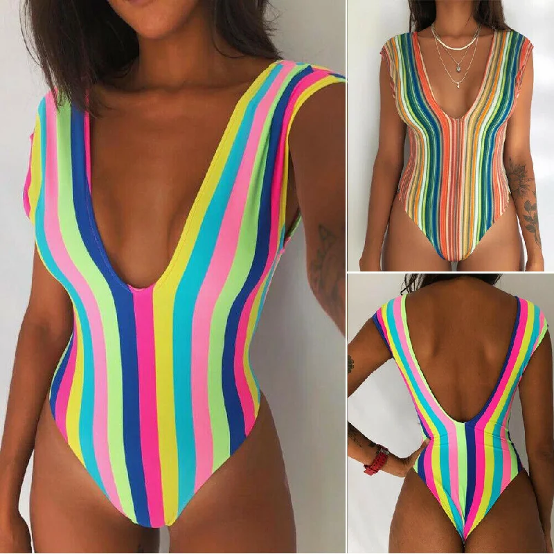 Women Rainbow Strip Swimwear Swimsuit Deep-V Padded Monokini Beachwear Plunge Neckline Swimsuit Women Rainbow Strip Swimwear Swimsuit Deep-V Padded Monokini Beachwear Plunge Neckline Swimsuit