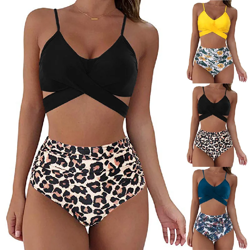 Women Sexy Soild Print Bikini Set Push Up Bathing Swimwear High-Waist Bikini Set
