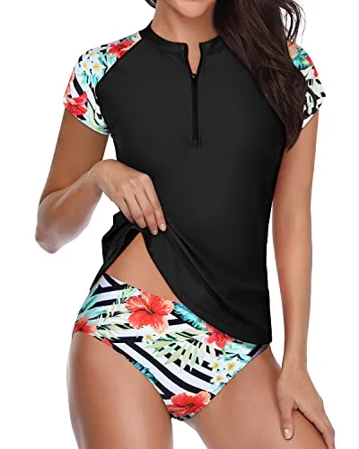 Short Sleeve Swim Shirt With Half Front Zipper For Women-Black And Striped Leaves Ruffled Swimsuit Top Short Sleeve Swim Shirt With Half Front Zipper For Women-Black And Striped Leaves Ruffled Swimsuit Top