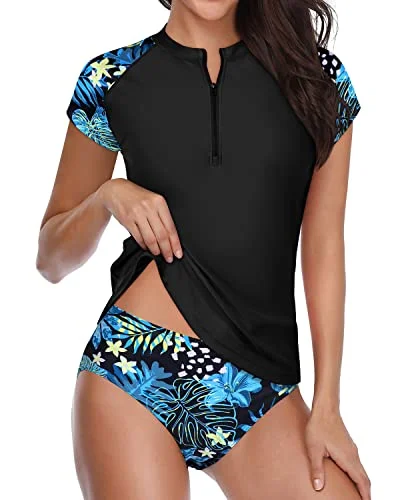 Short Sleeve Rash Guard Swimsuit With Built In Bra For Women-Blue Leaf Elegant Ruffled Bikini