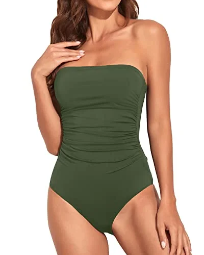 Bandeau Swimsuit Strapless Bathing Suits For Women-Army Green Tropical Print Bikini
