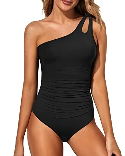 One Shoulder One Piece Swimsuit For Women Tummy Control Bathing Suits-Black Sporty Swimsuit Style