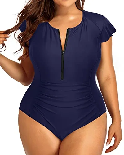 One Piece Rash Guard Swimwear With Zipper Front For Curvy Women-Navy Blue High-Waisted Swim Bottoms One Piece Rash Guard Swimwear With Zipper Front For Curvy Women-Navy Blue High-Waisted Swim Bottoms