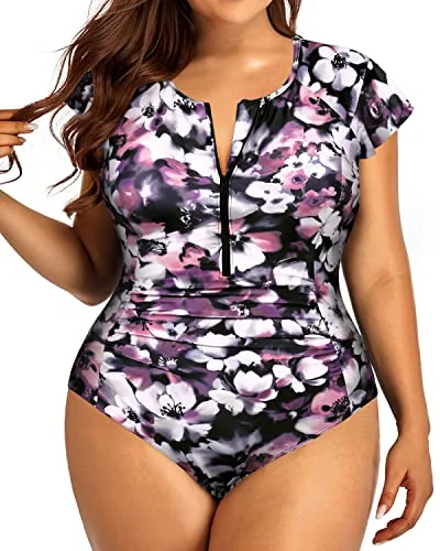 Zipper Front Plus Size One Piece Rash Guard Swimsuit With Cap Sleeves-Purple Floral Sporty Swim Shorts Zipper Front Plus Size One Piece Rash Guard Swimsuit With Cap Sleeves-Purple Floral Sporty Swim Shorts