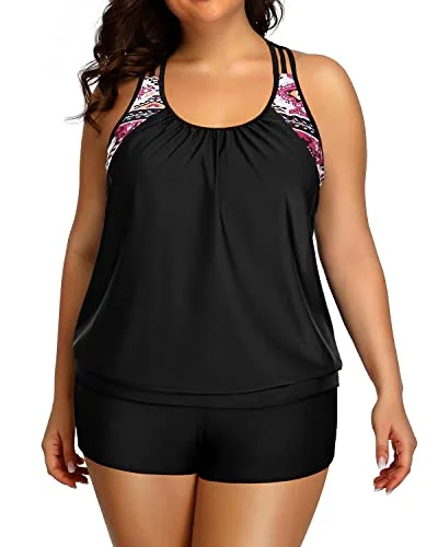 Blouson Racerback Tankini Top With Shorts For Plus Size Women-Black High-Waisted Swimwear Blouson Racerback Tankini Top With Shorts For Plus Size Women-Black High-Waisted Swimwear