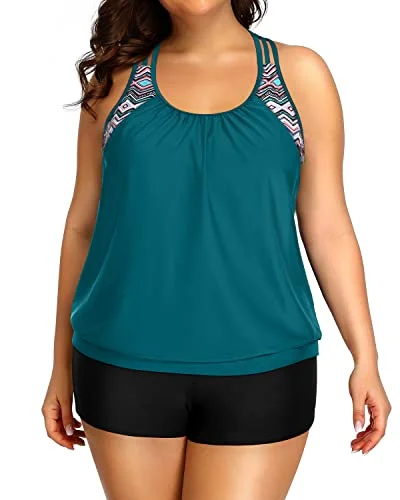 Blouson Two Piece Tummy Control Tankini For Plus Size Women-Teal Modern High-Waisted Swimsuit Blouson Two Piece Tummy Control Tankini For Plus Size Women-Teal Modern High-Waisted Swimsuit