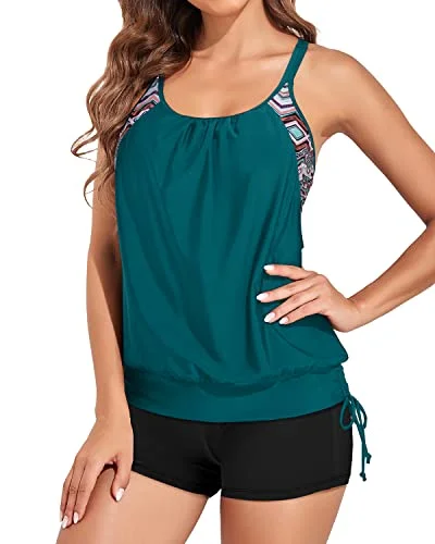 Strappy Two Piece Tankini Swimsuit For Women With Boy Shorts-Teal Swim Skirt Set