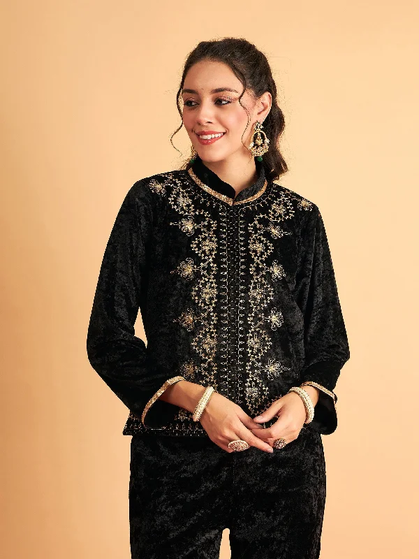 Lyush Women Black Velvet Front Embroidered Jacket Fleece Fabric Down Fabric Feather Fabric Lyush Women Black Velvet Front Embroidered Jacket Fleece Fabric Down Fabric Feather Fabric
