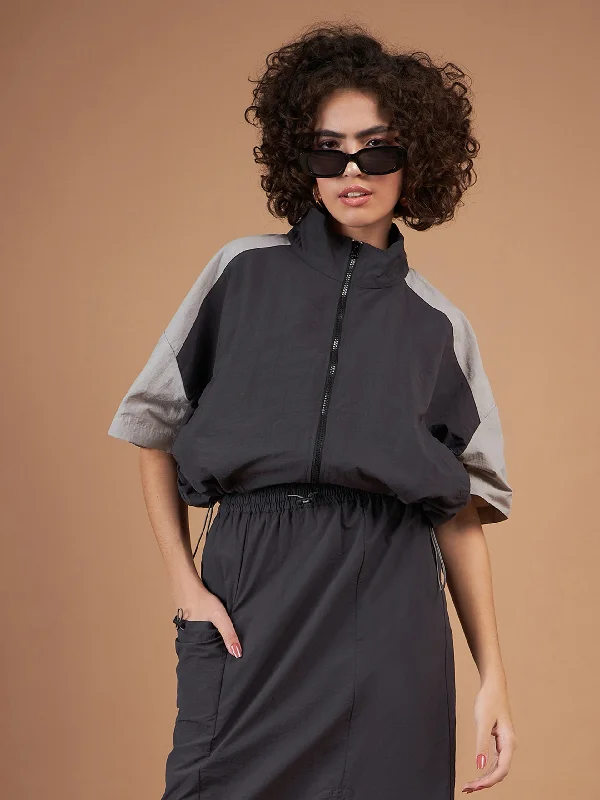Lyush Women Dark Grey ColourBlock Parachute Zipper Jacket Oversized Jacket Tailored Jacket Straight Jacket Lyush Women Dark Grey ColourBlock Parachute Zipper Jacket Oversized Jacket Tailored Jacket Straight Jacket