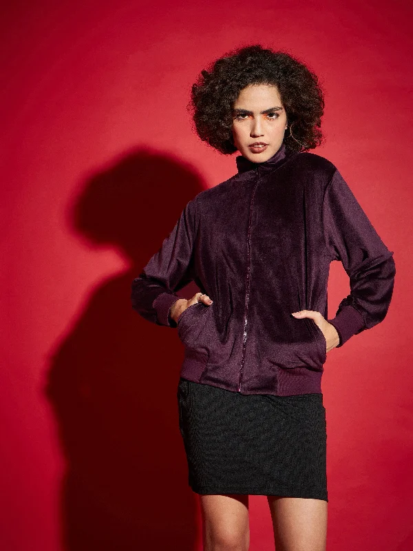 Lyush Women Maroon Velour Zipper Jacket Front Pockets Side Pockets Patch Pockets
