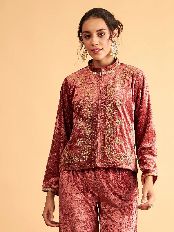Lyush Women Pink Velvet Front Embroidered Jacket Zippered Front Buttoned Front Snap Front Lyush Women Pink Velvet Front Embroidered Jacket Zippered Front Buttoned Front Snap Front