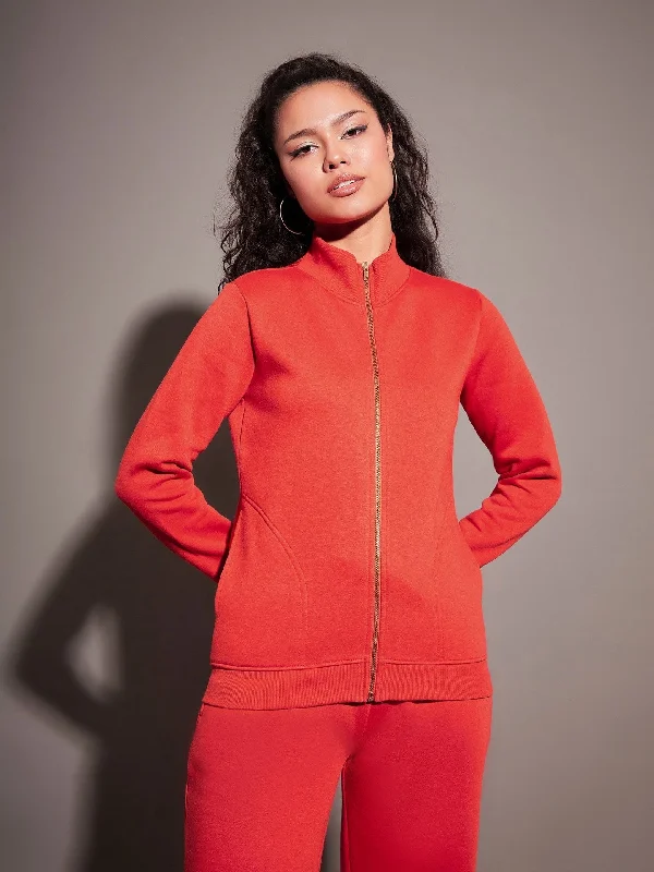 Lyush Women Red Fleece Zipper Jacket Satin Fabric Silk Fabric Chiffon Fabric