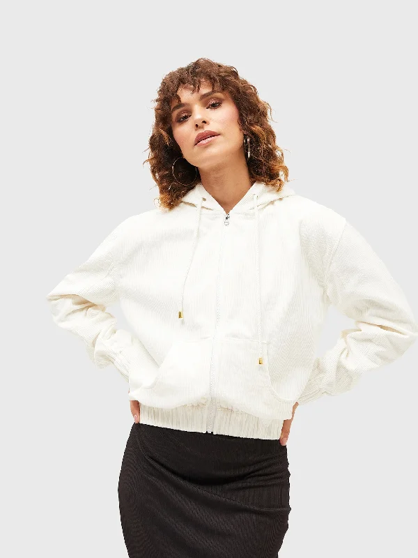 Lyush Women White Corduroy Varsity Jacket Welt Pockets Slit Pockets Flap Pockets
