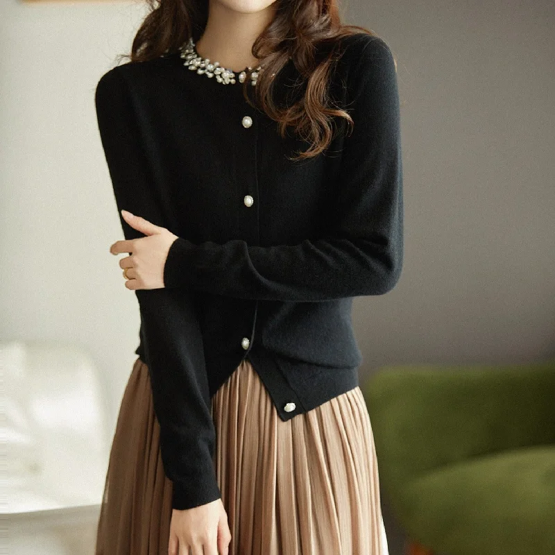 NiDELL Women's Sweater Jacket . Spring and Autumn New Long Sleeve Handmade Beaded Stitching Black Elegant Knitwear Insulated Jacket Fitted Jacket Loose Jacket NiDELL Women's Sweater Jacket . Spring and Autumn New Long Sleeve Handmade Beaded Stitching Black Elegant Knitwear Insulated Jacket Fitted Jacket Loose Jacket