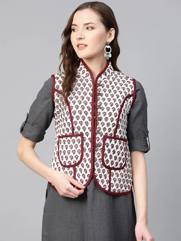Women's Off-White & Maroon Printed Lightweight Quilted Jacket - Bhama Fleece Jacket Down Jacket Parka Women's Off-White & Maroon Printed Lightweight Quilted Jacket - Bhama Fleece Jacket Down Jacket Parka