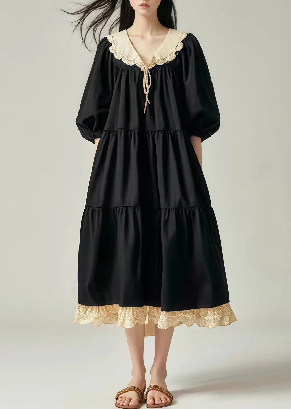 Casual Black Oversized Patchwork Cotton Vacation Dresses Lantern Sleeve