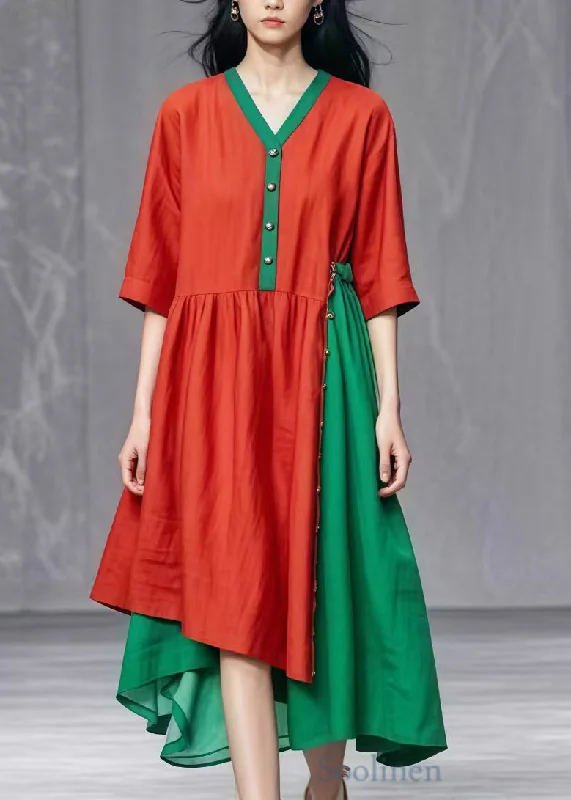 Chic Red Asymmetrical Patchwork Cotton Dresses Summer