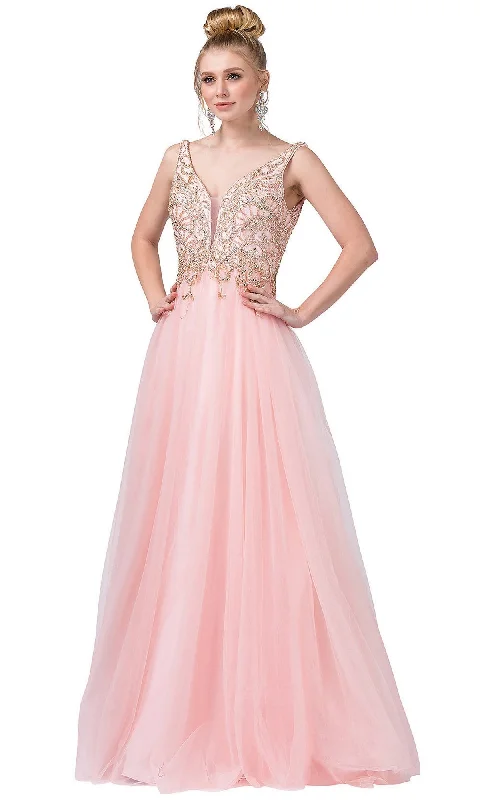 V-Neck Formal Evening Ball Gown with Beaded Bodice
