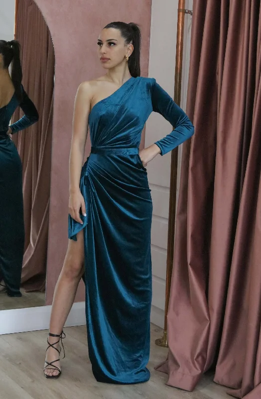 Enigma Teal Velvet Gown by Lia Stublla
