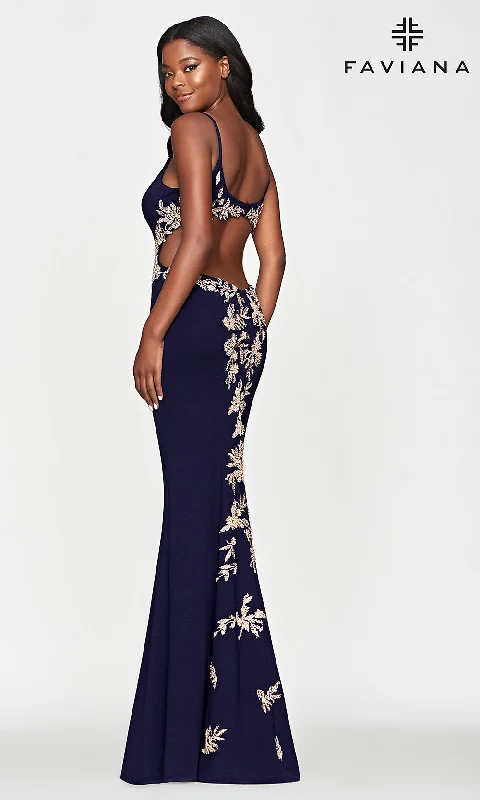 Faviana Gold-Beaded Navy Blue Long Prom Dress