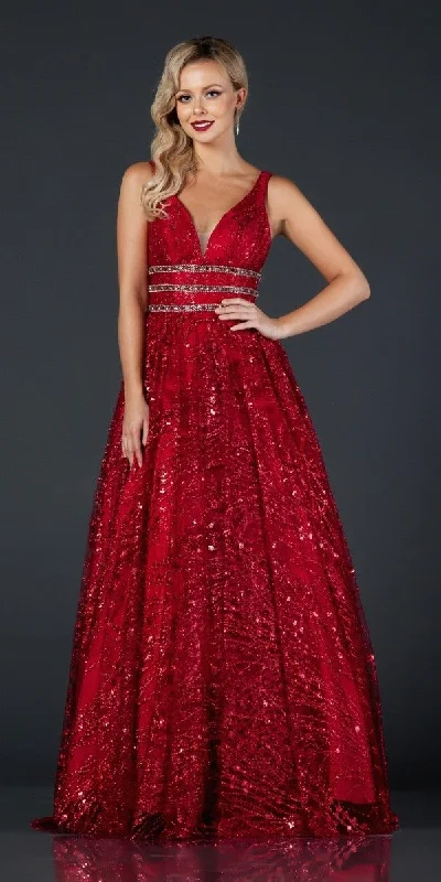 Aspeed L2149 Floor Length A-Line Glitter Tulle Gown V-Neck