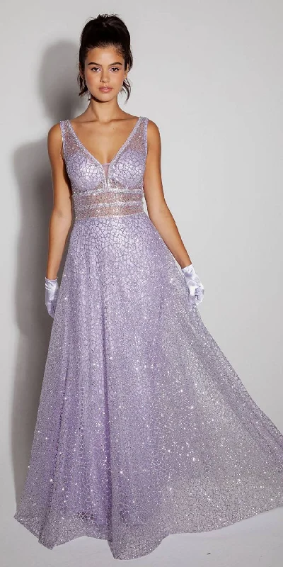 Eureka 9005 Glitter Mesh A-Line Long Prom Dress V-Neck