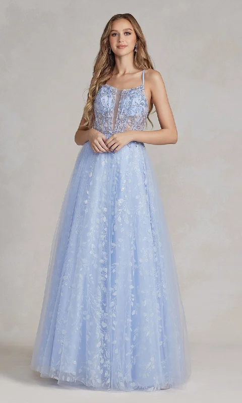 Periwinkle Sheer-Bodice Long A-Line Prom Dress