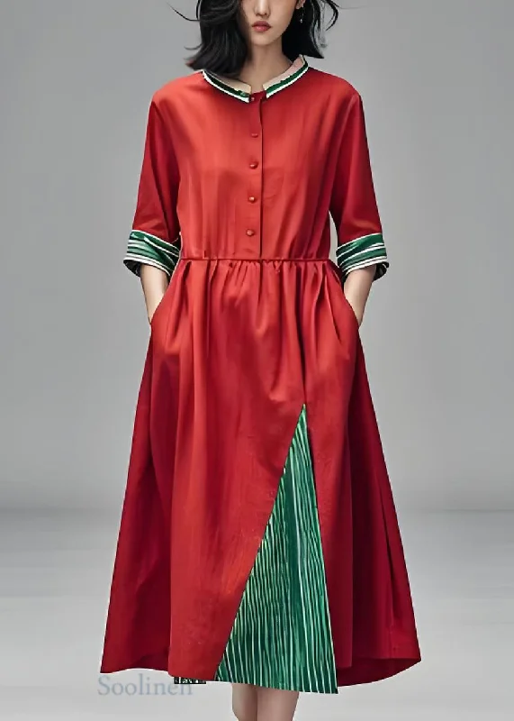 Loose Red Stand Collar Pockets Patchwork Cotton Dress Summer