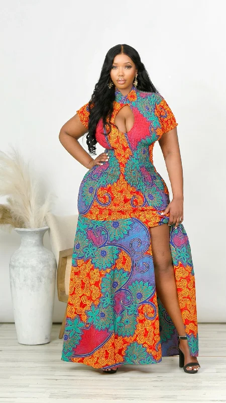 Savannah African Print V Neck Dress (Red)