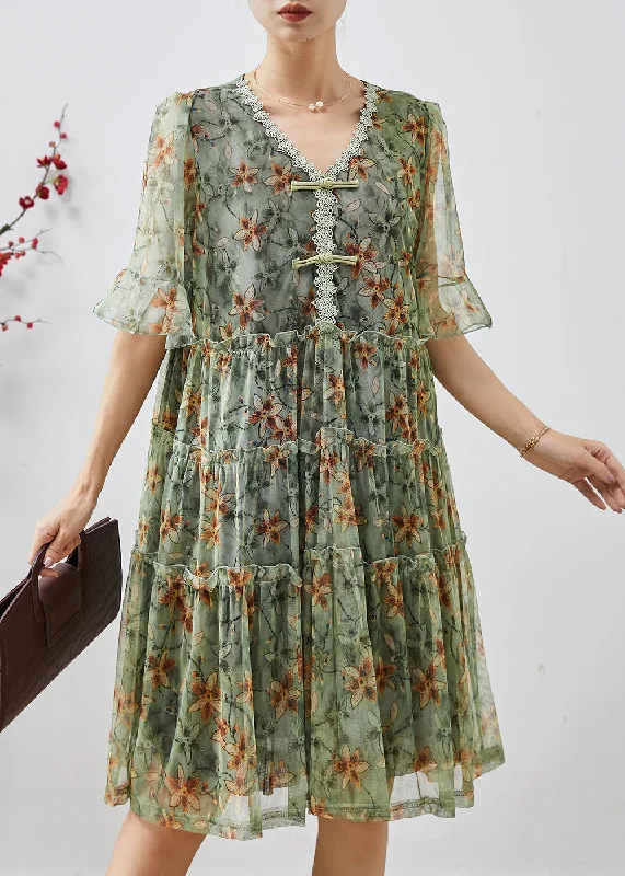 Stylish Green Ruffled Print Chiffon Vacation Dress Summer