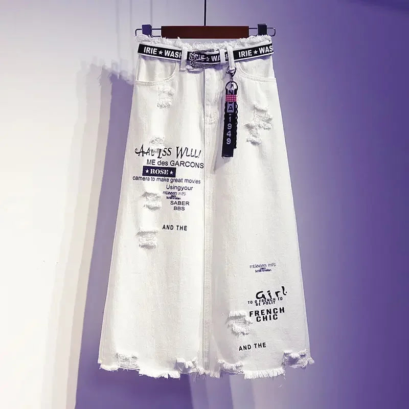 Women Skirt White Denim Long Skirts Letter Print Female Skirts velvet skirt plush