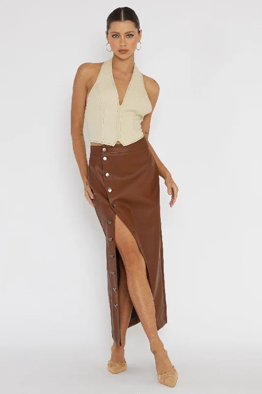 Angelica Button-Up Faux Leather Midi Skirt Brown corduroy skirt cozy