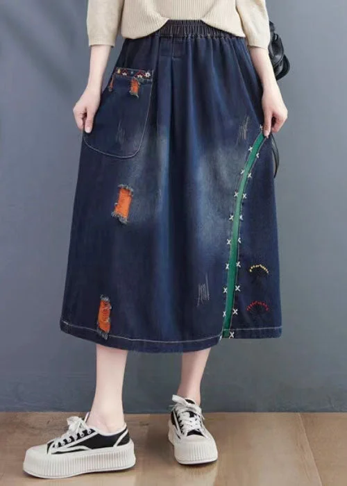Art Navy Embroideried Hole Summer Denim Skirt high waist skirt