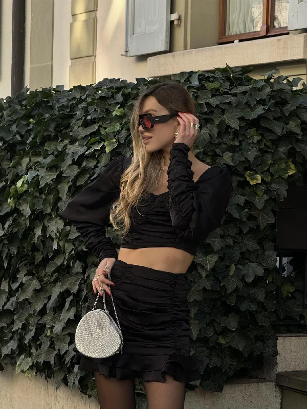 Black Kaitlyn Co-ord Ruched Mini-Skirt leather skirt bold