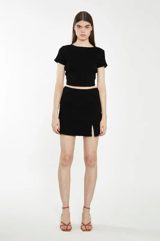 Black Rib Side Split Miniskirt cashmere skirt plush