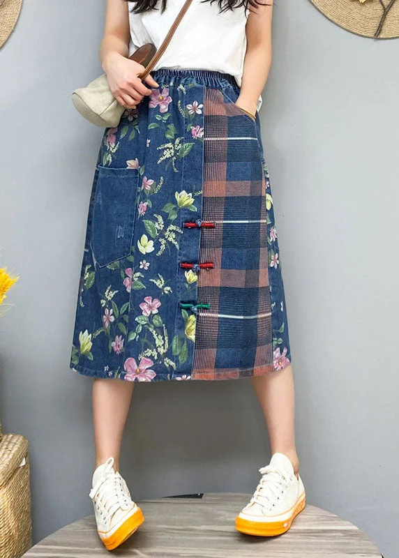 Blue Button Print Patchwork denim Skirt Spring linen skirt breathable