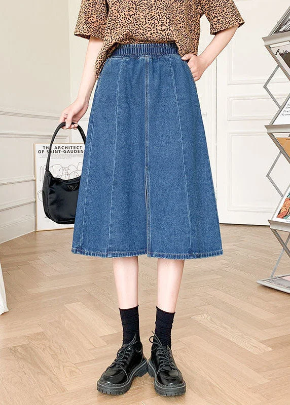 Boutique Denim Blue Solid Elastic Waist Side Open Cotton A Line Skirt Summer high slit skirt