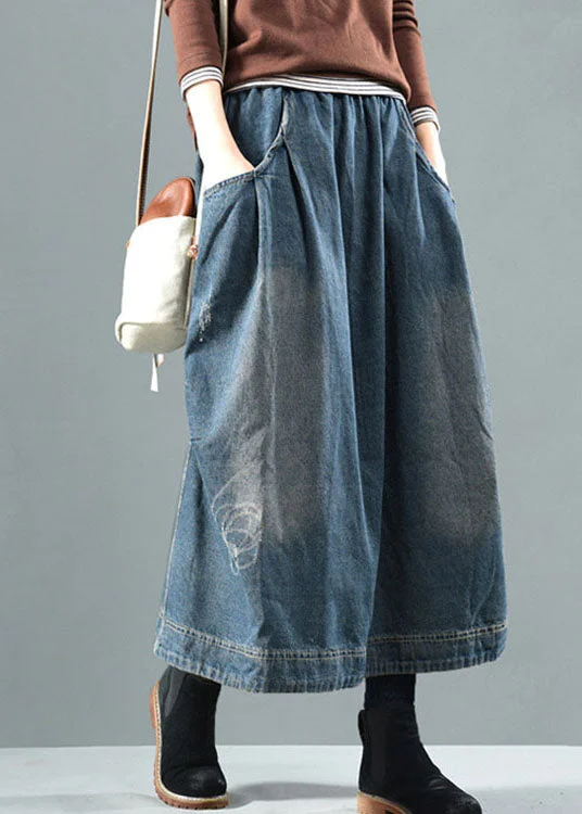 Casual Blue Elastic Waist Pockets Patchwork Fall Denim Skirt linen skirt breathable