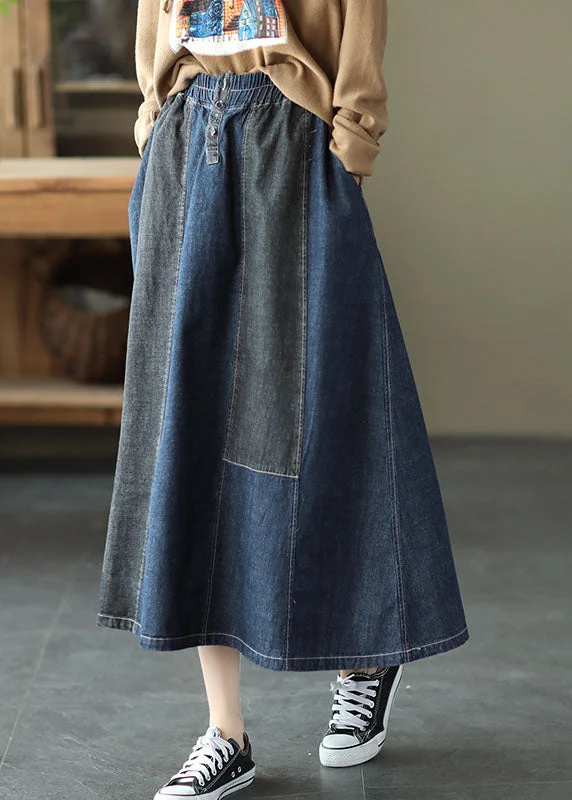 Dark Blue Denim Skirt Elastic Waist Button Spring cashmere skirt soft