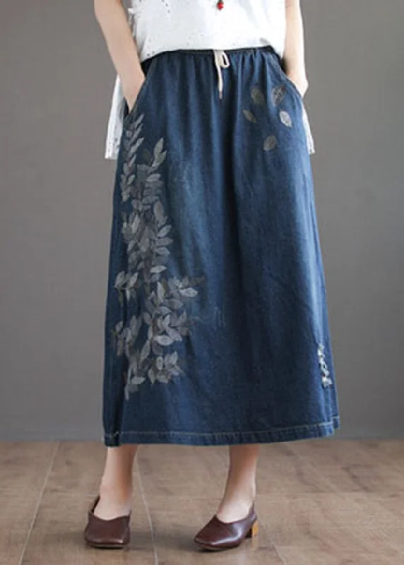 Dark Blue Pockets Cotton Denim Skirt Elastic Waist Ripped Summer denim skirt durable