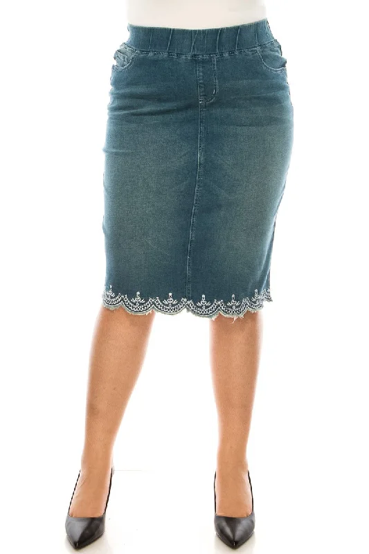 Denim Skirt with Lace Accent 79039X in Vintage Wash slim fit skirt