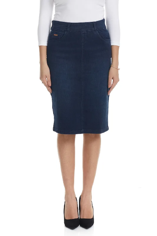 Esteez MANHATTAN Denim Skirt - Straight Knee Length Pull On Stretchy Jean Skirt for WOMEN - DARK BLUE modal blend skirt