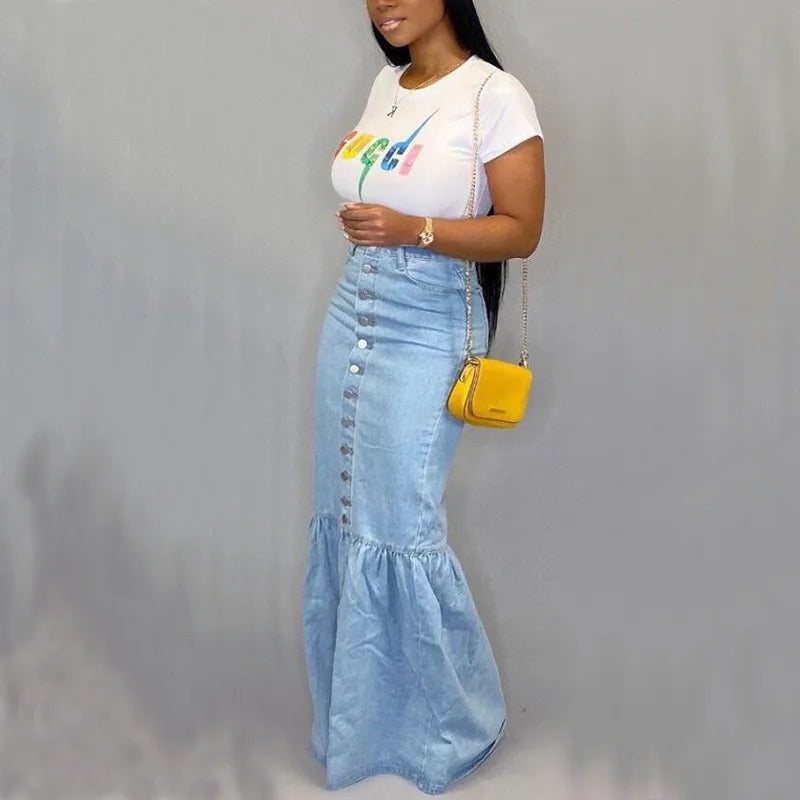 FZ Women's High Waist Stretchy Mermaid Fishtail Denim Skirt tiered skirt playful