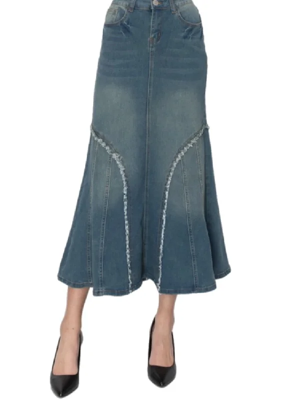 Frayed Flared Long Denim Skirt Style 87932 corduroy skirt comfortable