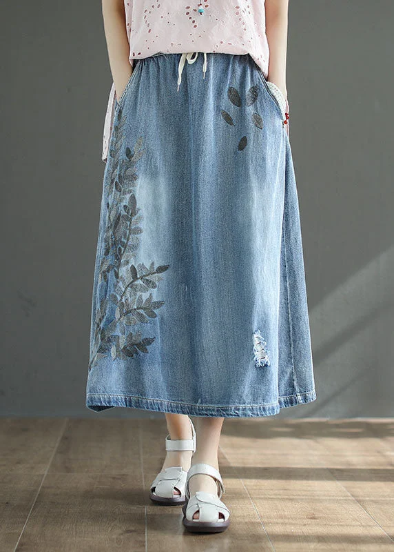 French Light Blue High Waist Drawstring Print Cotton Denim Skirts Summer chiffon skirt lightweight