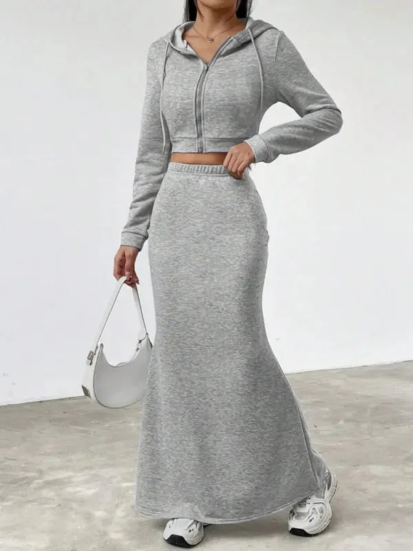 FZ Women's Hooded Zipper Hip-wrapped Long Skirt Suit leather skirt durable
