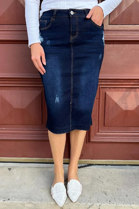 Gianna Distressed Denim Skirt (Dk. Indigo) leather skirt sleek