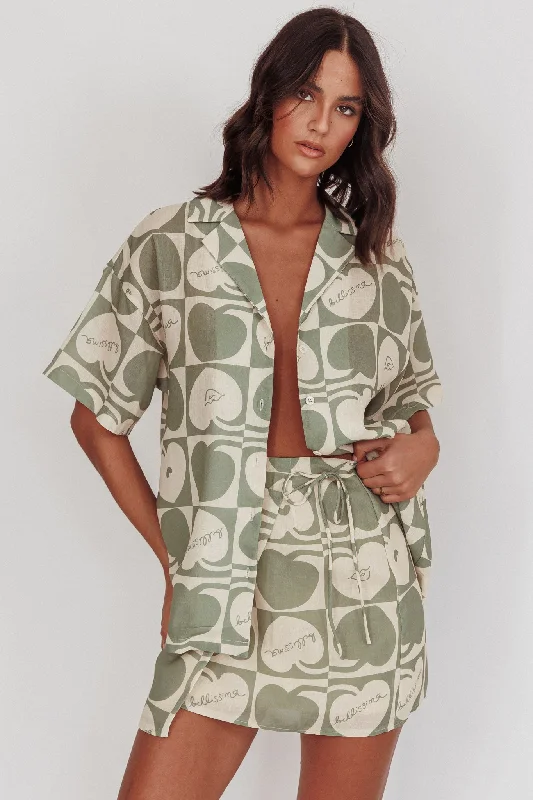 Ithaca Cherry Print Mini Wrap Skirt Sage Beige silk skirt smooth