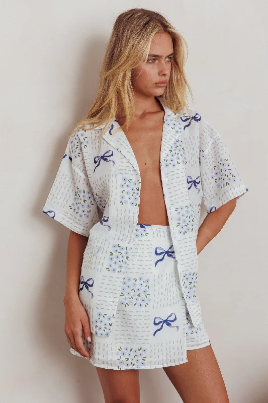 Ithaca Wrap Mini Skirt Bow Print Blue cashmere skirt soft